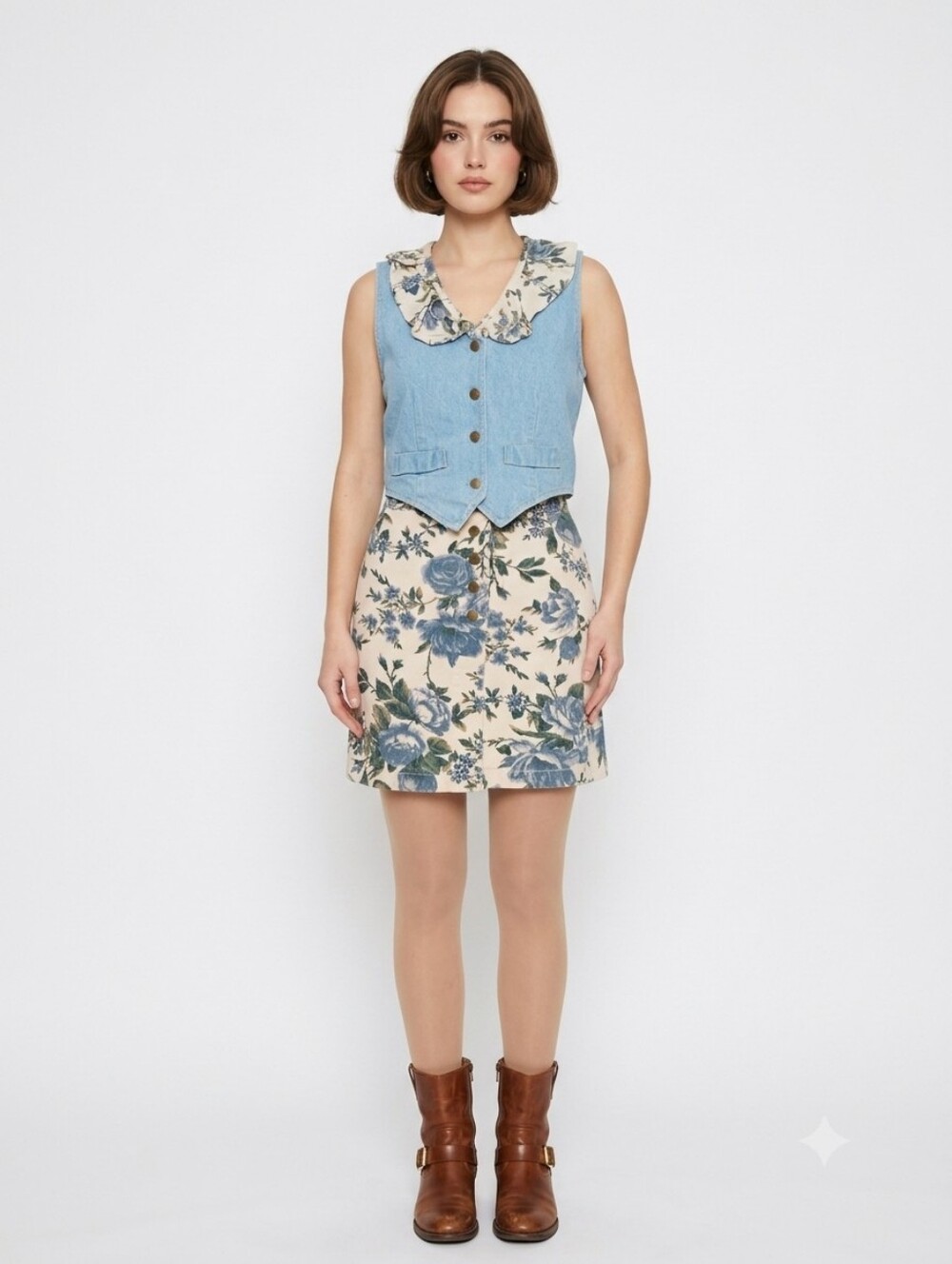 Cream Mini Skirt with Blue Floral Print